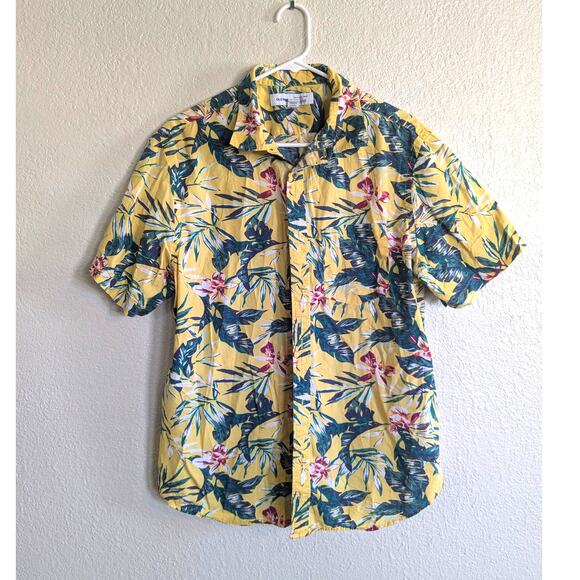 Old Navy Hawaiian Shirt Sz L Slim Fit Stretch Yellow - Picture 1 of 4